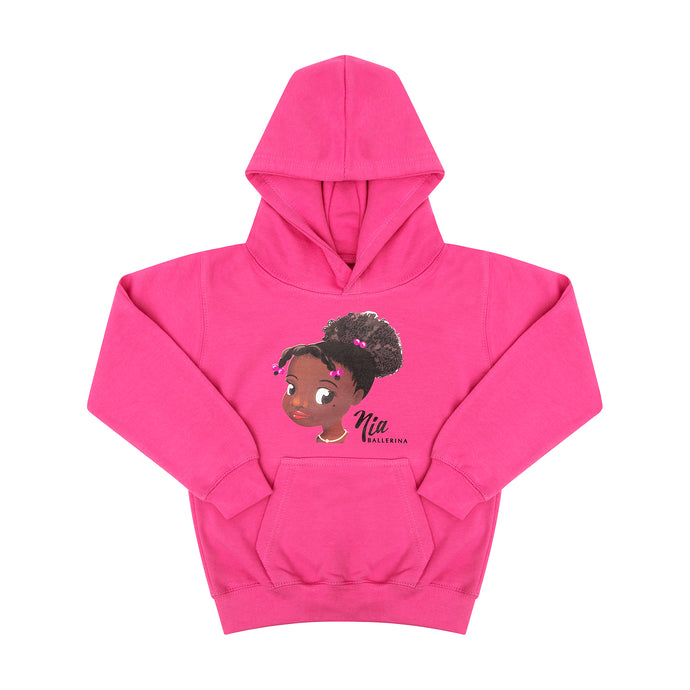 Pink children's hoodie with image of Nia Ballerina face who is a black ballerina.