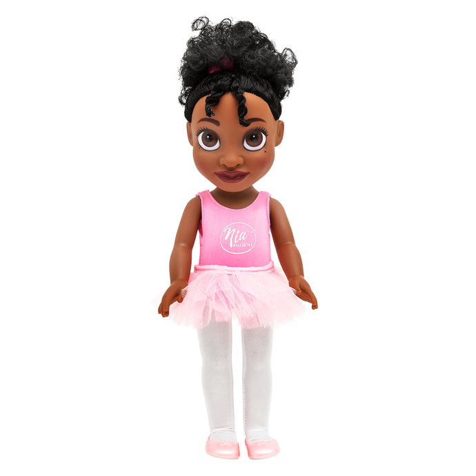 Nia Ballerina Black Ballerina Doll with pink ballet outfit complete with pink tutu and ballet shoes, and white tights.