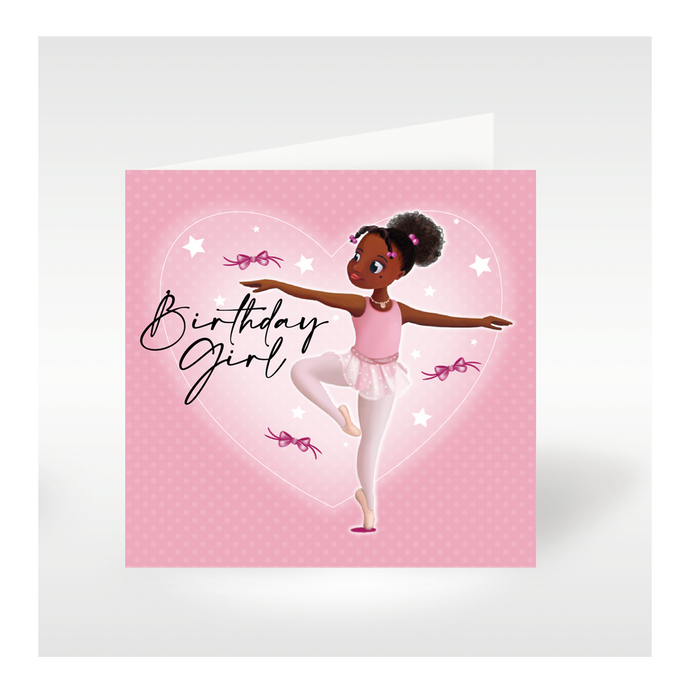 A6 Size Square Birthday with image of a Black Ballerina balancing on one foot, which is en-pointe and arms stretched to the side.