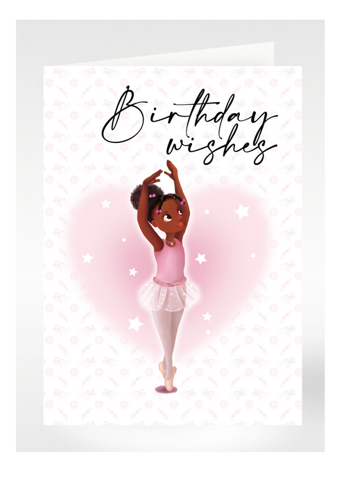 A5 Size Birthday Card with an image of a black ballerina standing on their toes with arms before the head.
