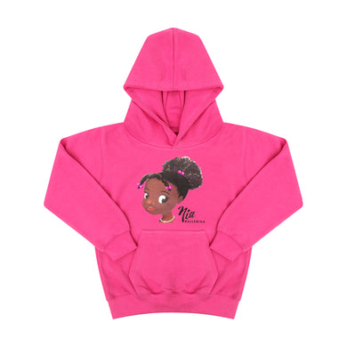 Pink children's hoodie with image of Nia Ballerina face who is a black ballerina.