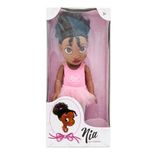 Nia Ballerina Black Ballerina Doll with pink ballet outfit complete with pink tutu and ballet shoes, and white tights. This image is with Nia Ballerina in packaging.