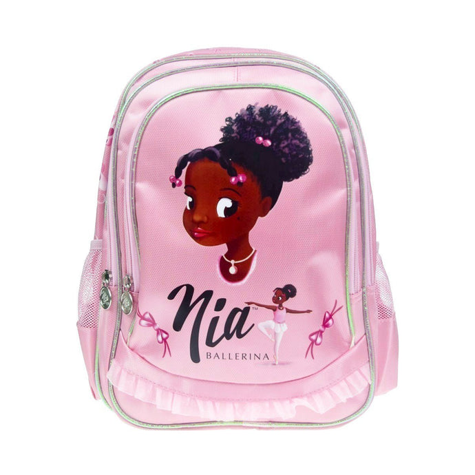 Pink dance bag with a image of a black ballerina face. Bag has a trim just like a tutu.
